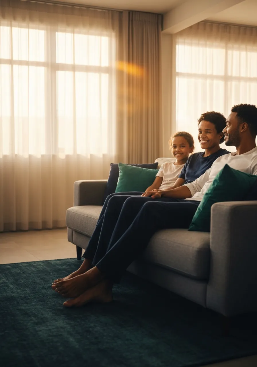A family enjoying a sunlit afternoon at home, symbolizing security and peace of mind.