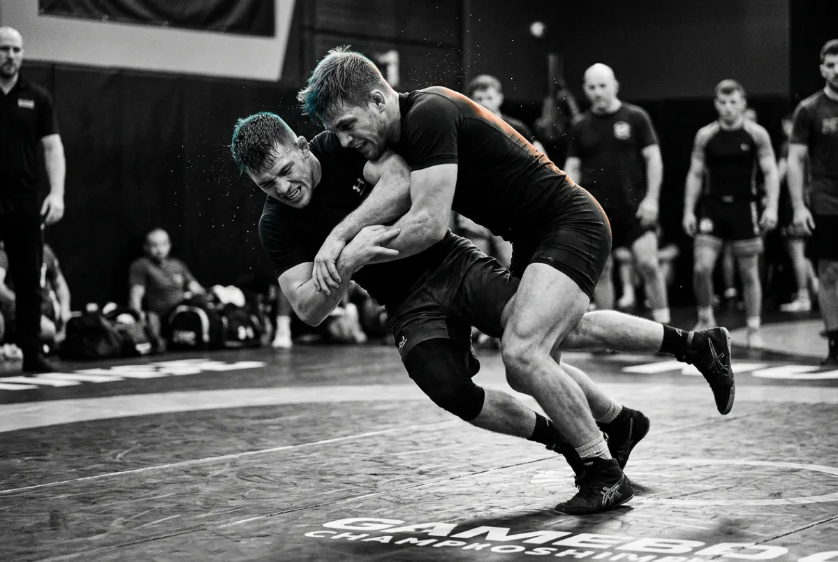 High-intensity live positional sparring session on championship mat