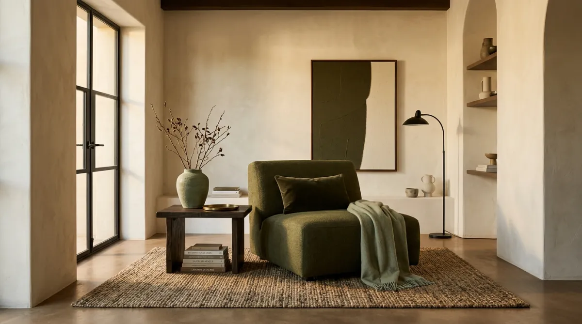 Architectural interior styling featuring curated earthy textures and warm natural light
