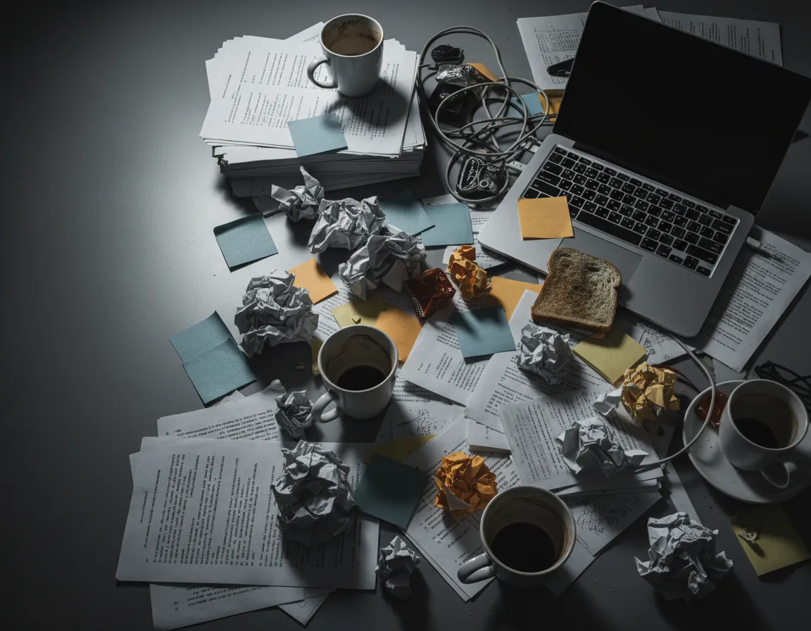 Stark, desaturated photo of a cluttered, stressful desk representing the procrastination tax