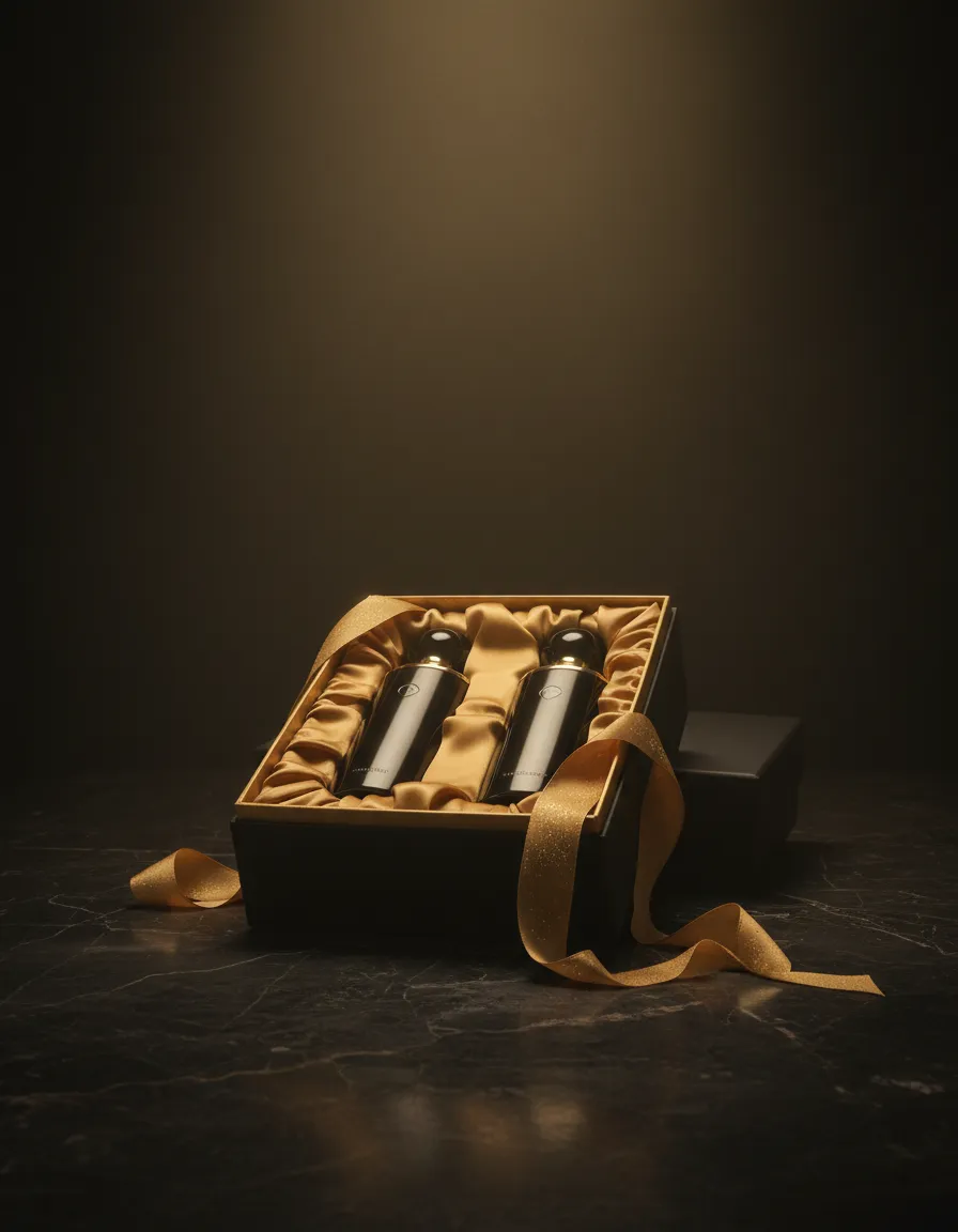 Luxury fragrance gift box bundle with golden ribbon on a dark cinematic background