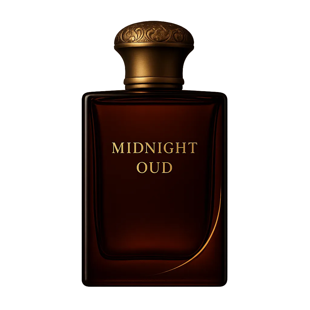 Midnight Oud perfume bottle stylized in warm desaturated lighting