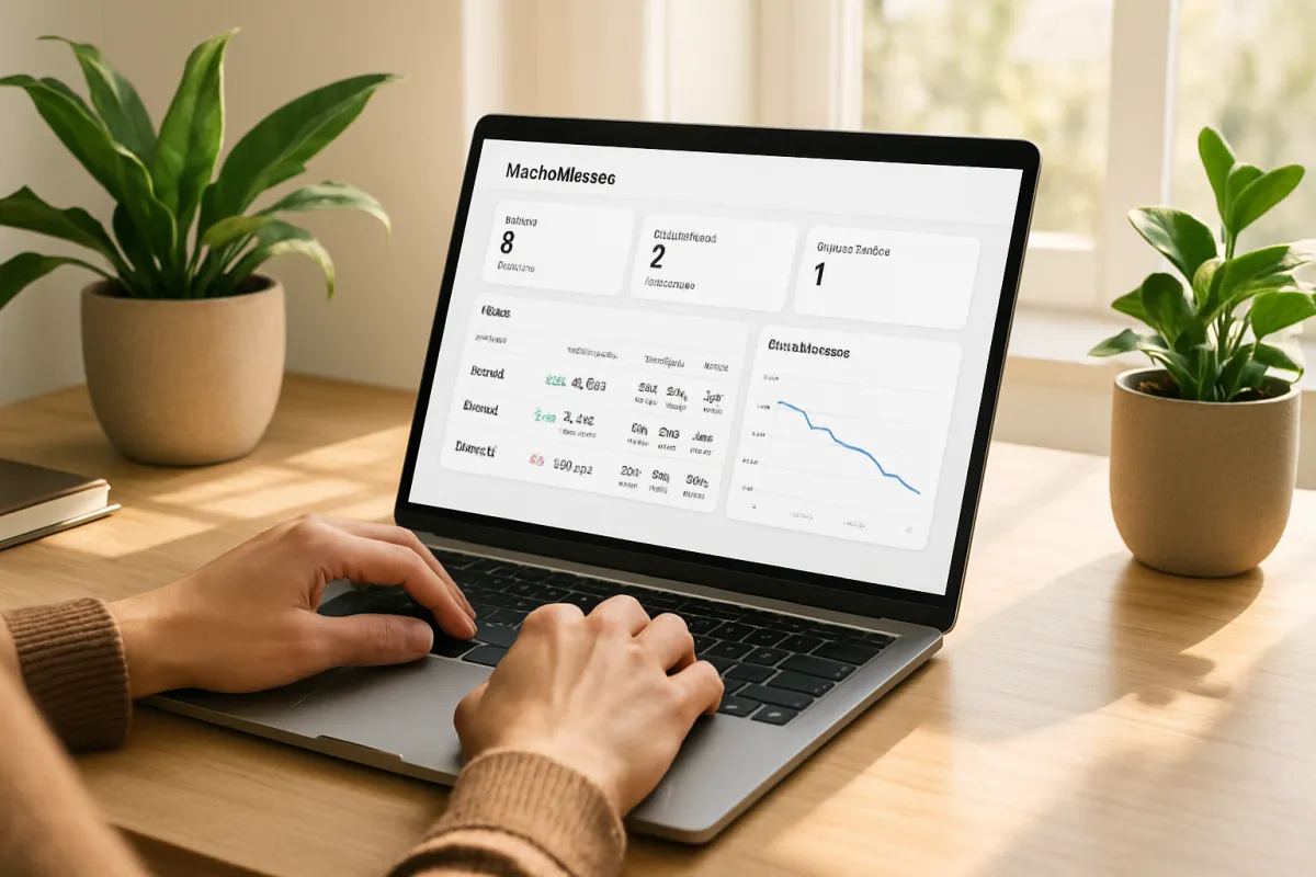 Coach using MindfulMacros on a laptop in a sunny home office, dashboard on screen showing client progress.