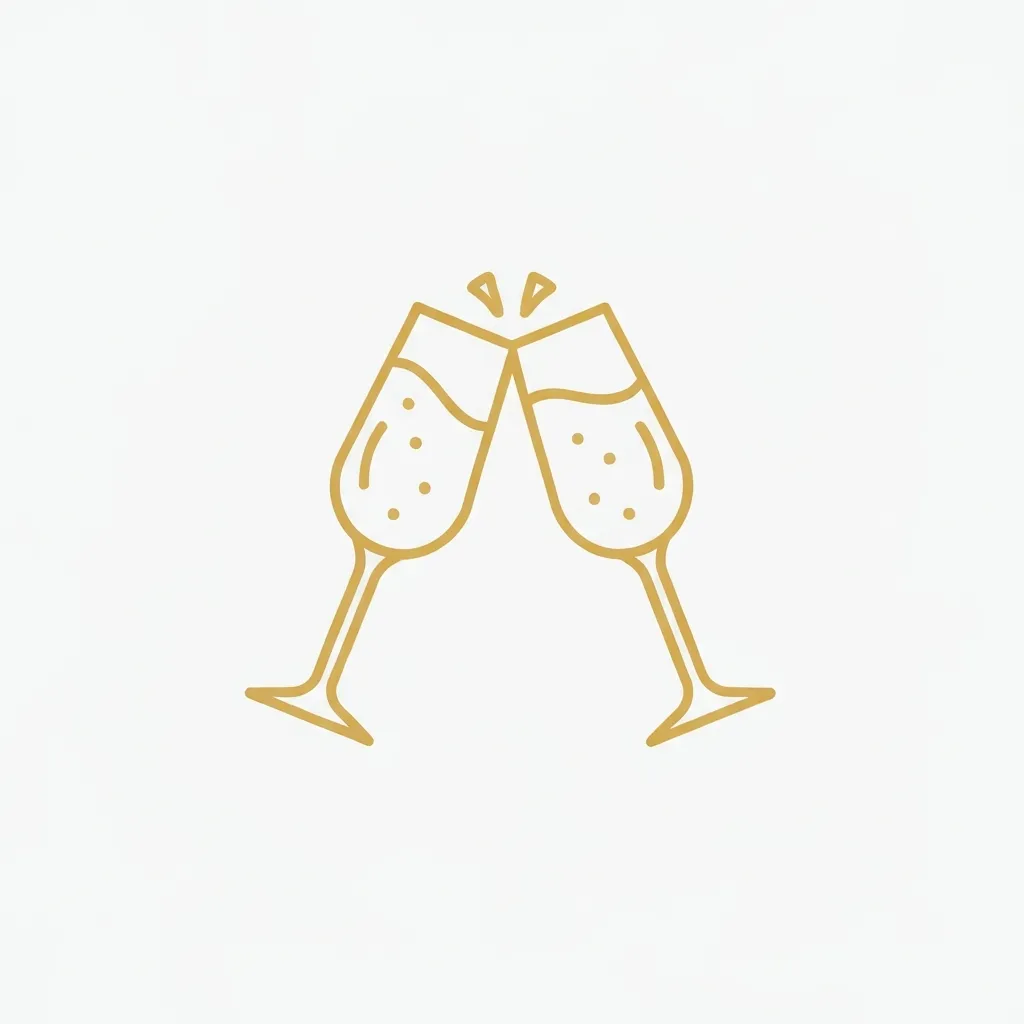 Gold line-art icon of two clinking champagne glasses