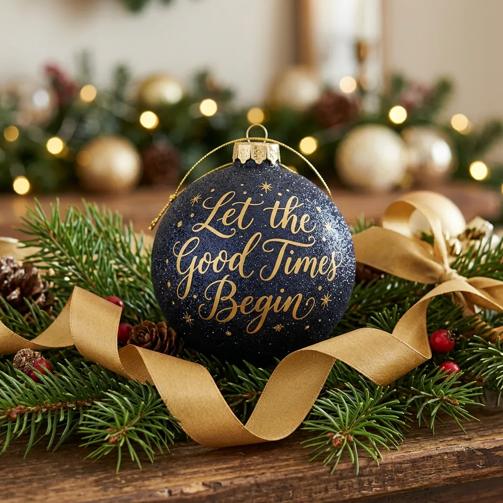 Dark glittery Christmas bauble with golden script 'Let the Good Times Begin' resting among pine branches and gold ribbons.