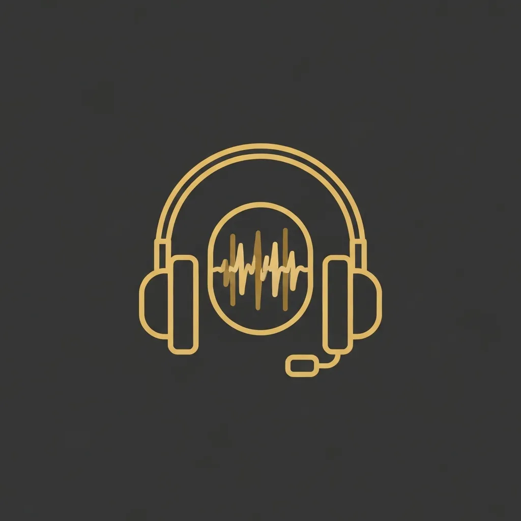 Gold line-art icon of headphones with soundwaves