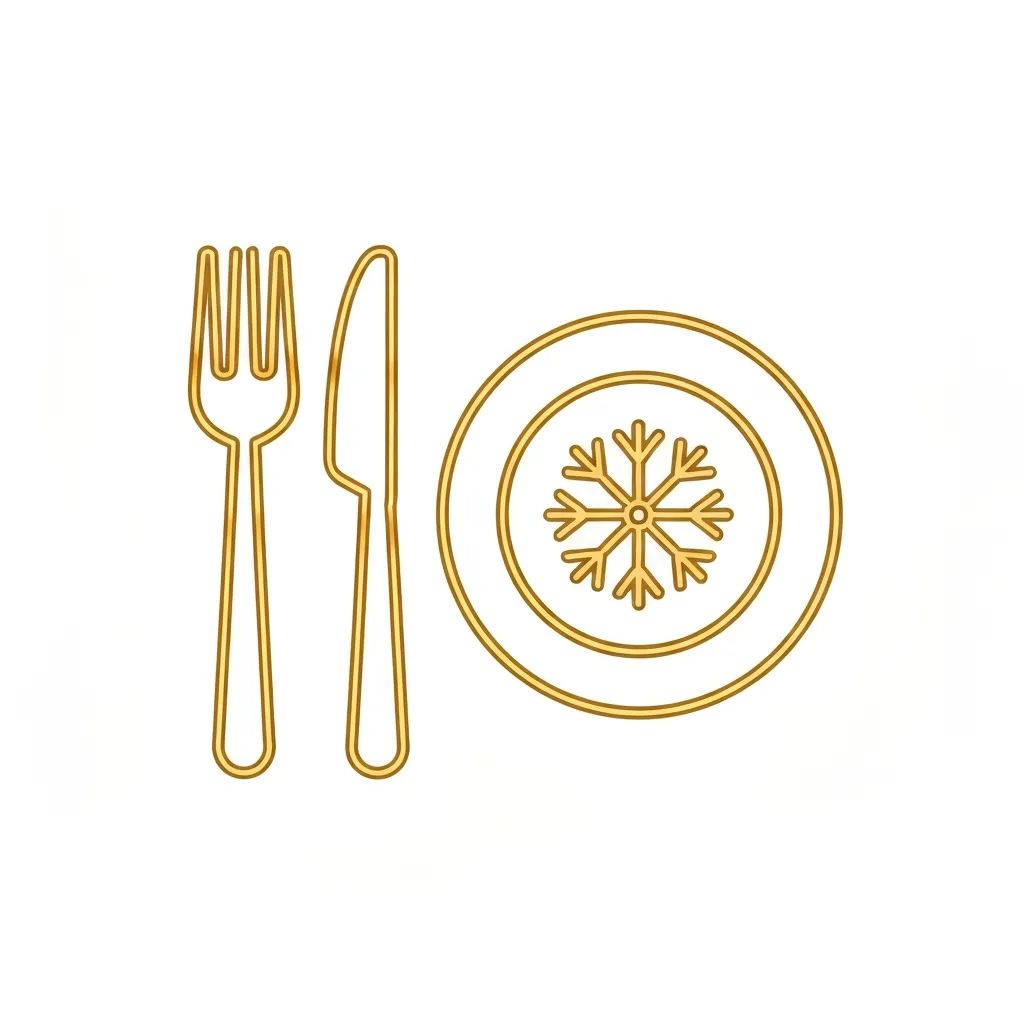 Gold line-art icon of cutlery and a plate with a snowflake