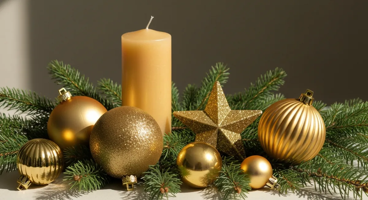 Decorative setup of gold baubles, star ornaments, and a lit candle
