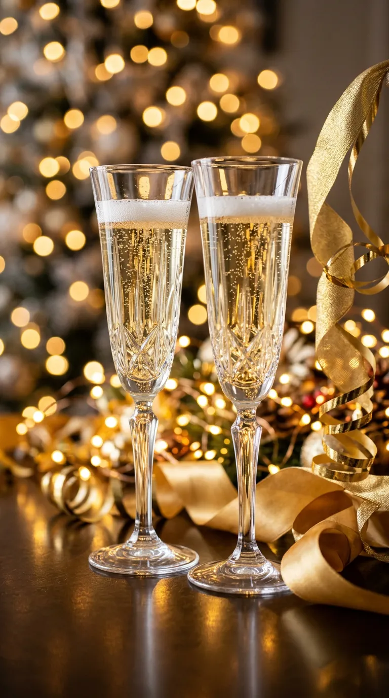 Two elegant crystal champagne flutes filled with bubbly champagne, standing next to golden ribbons and twinkling lights.