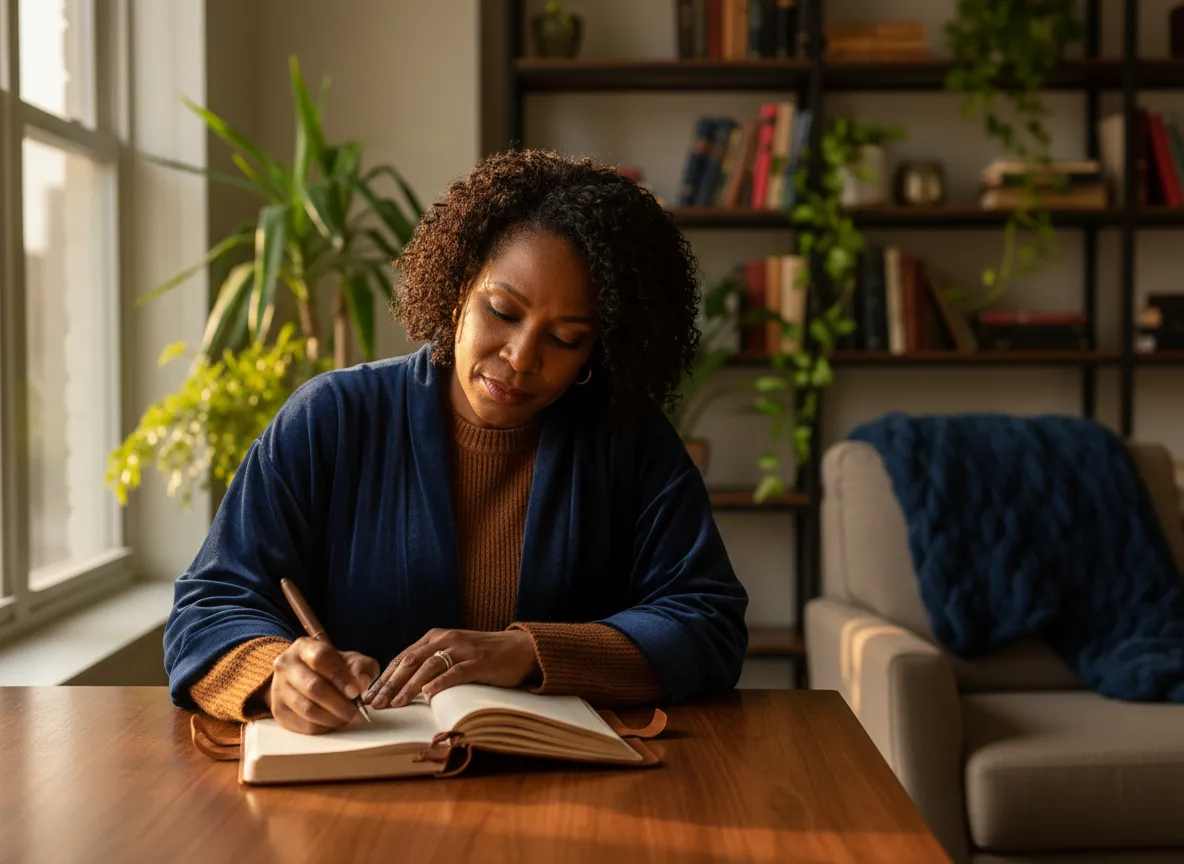 Black woman writing in a cozy, light-filled space