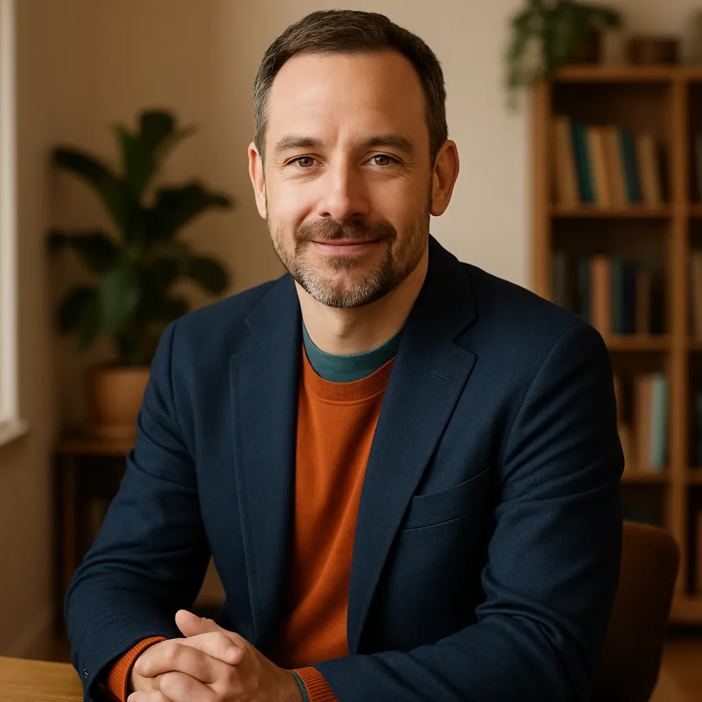 Portrait of Jaime, mid-30s, smiling softly