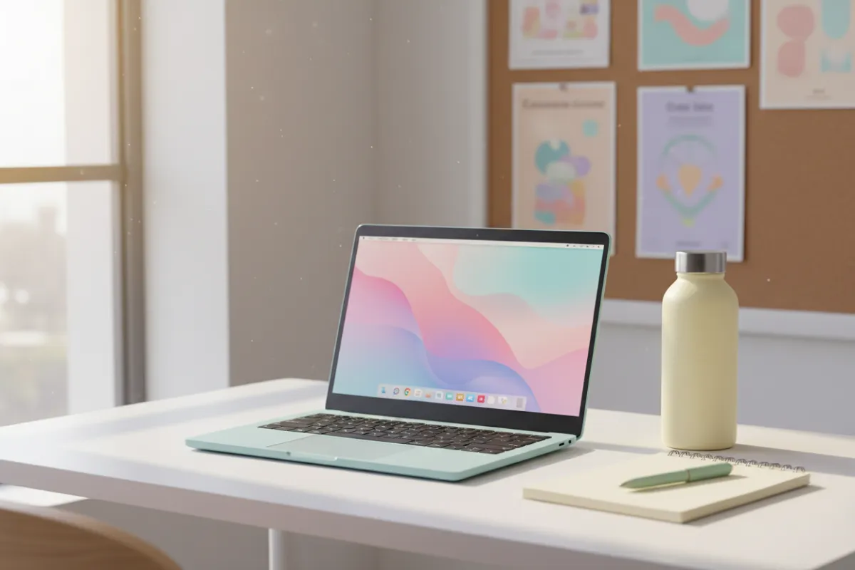 A pastel-themed workspace with a laptop, notepad, and water bottle, soft daylight, clean and modern, local community flyers visible, 3:2 aspect, inviting for inquiries