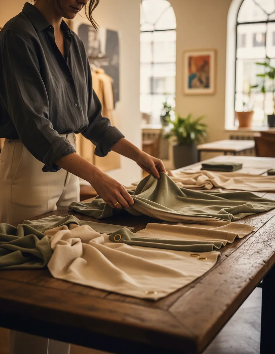 A designer reviewing luxury fabric swatches in a beautifully lit room