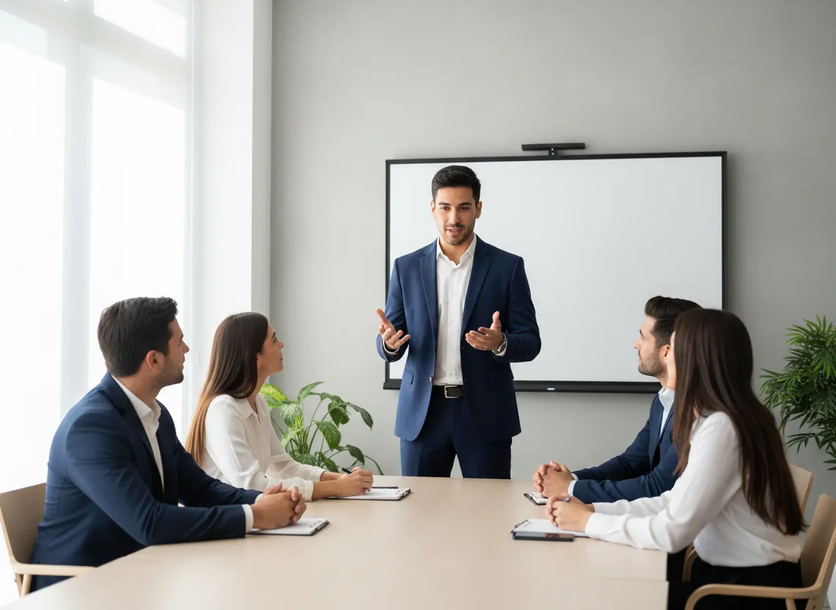 Joven profesional liderando una reunión con confianza