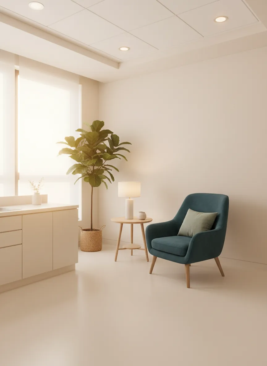 Soft-focus, calming clinic environment with warm lighting