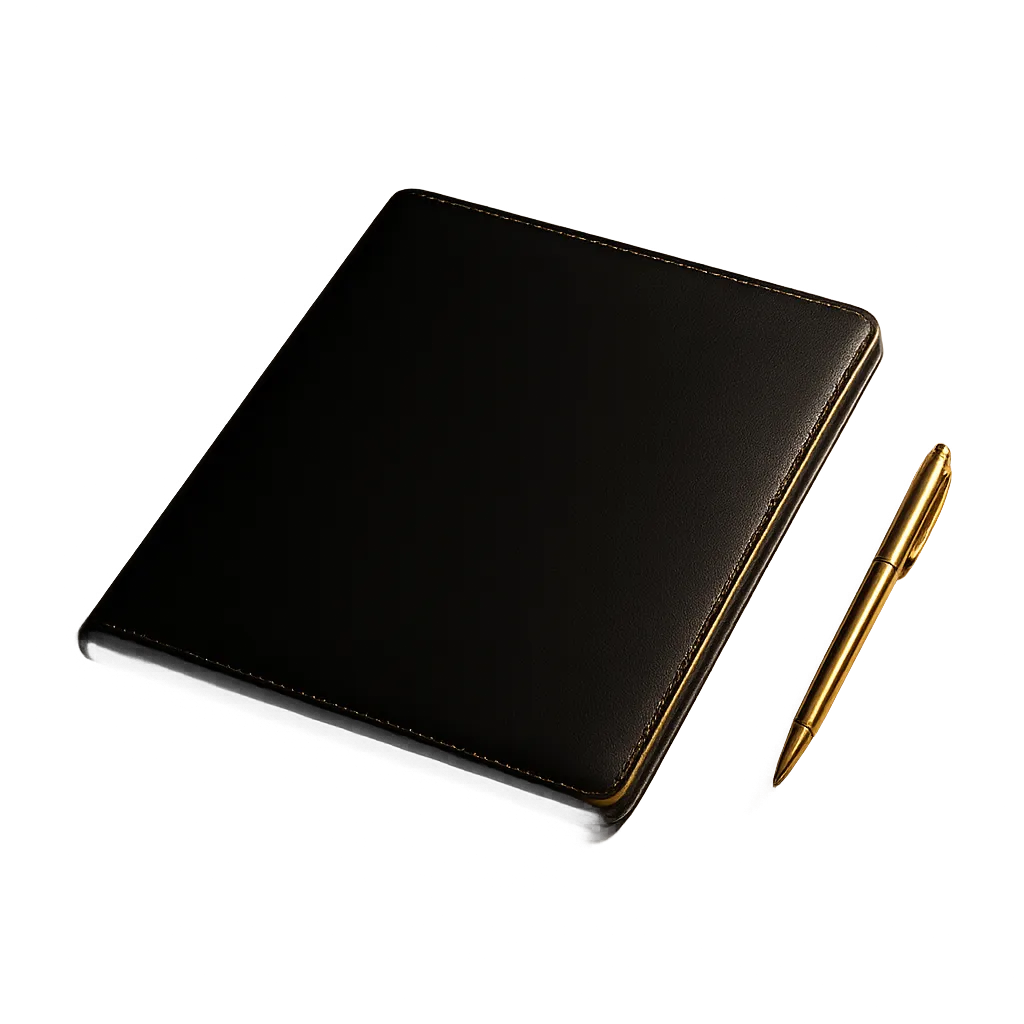 Executive black leather blueprint binder with precision gold pen resting on client agreement documents