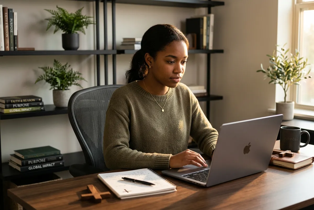 Dedicated student working intently on a laptop in a modern study workspace