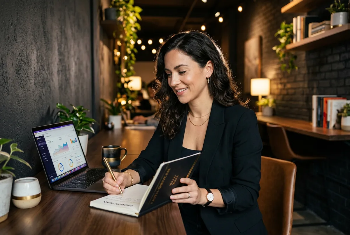 Entrepreneurial freelancer reviewing strategic business metrics and growth plans