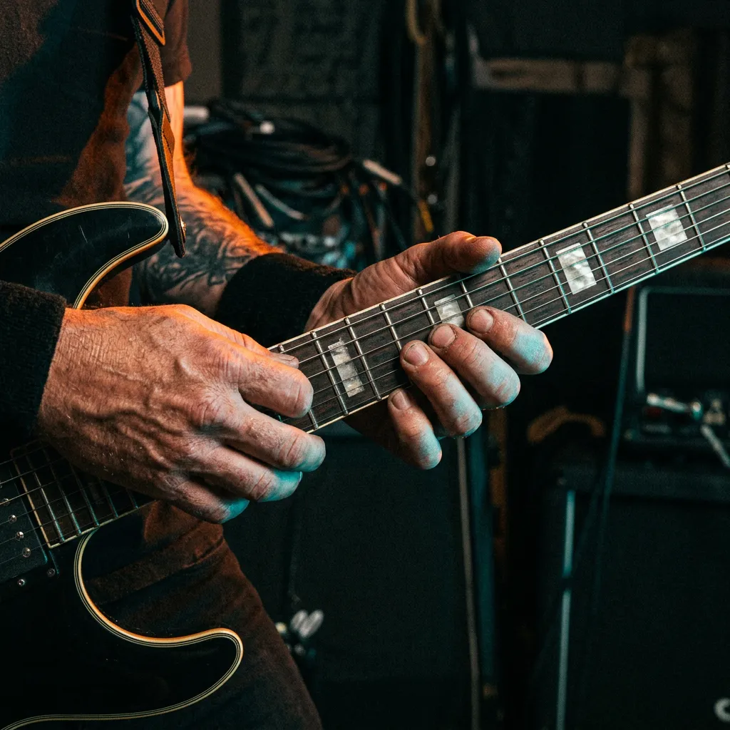 Frustrated metal guitarist staring down at electric guitar fretboard stuck in blues scale box