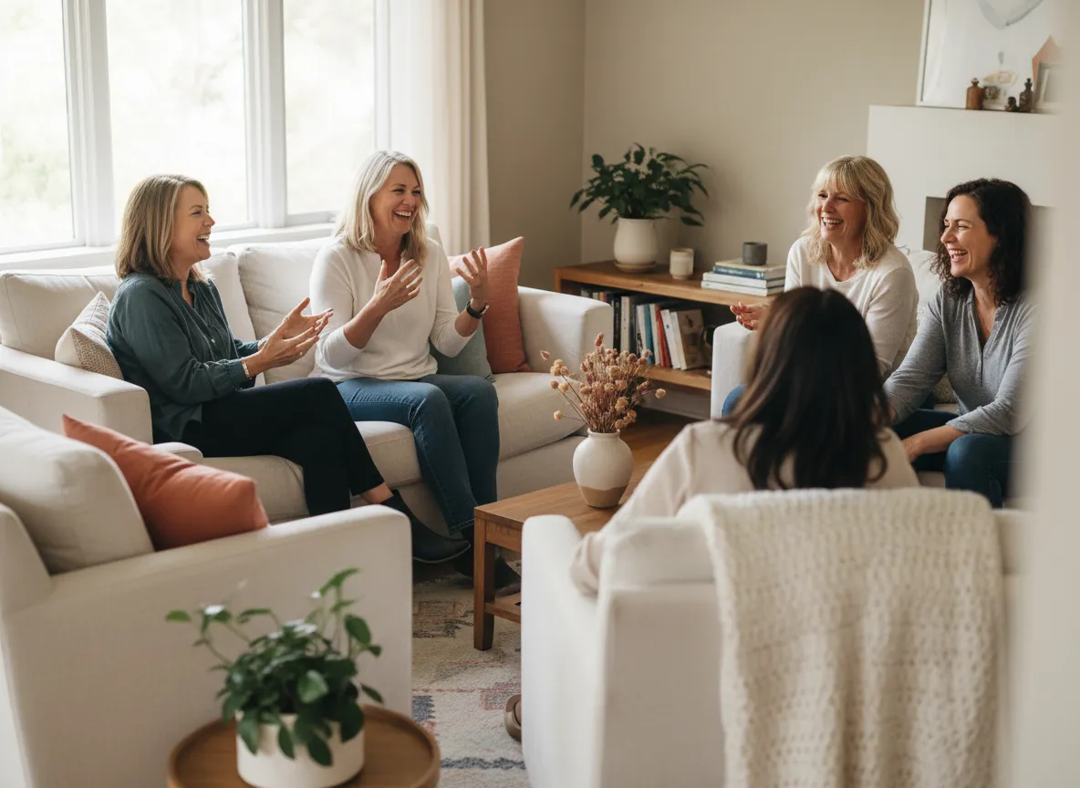 Women in midlife sharing a warm conversation in a cozy circle