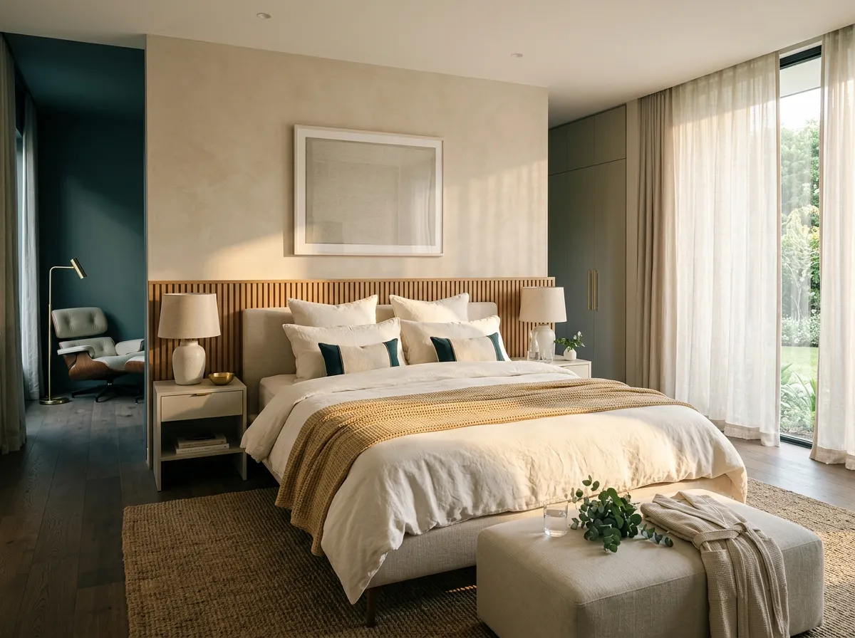 Sunlit minimalist master suite prepared with architectural precision according to custom estate preferences