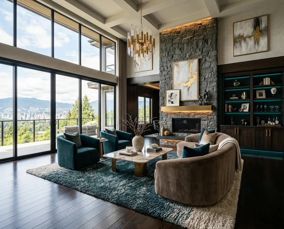 Luminous architectural luxury estate living room impeccably maintained by Opulence Services