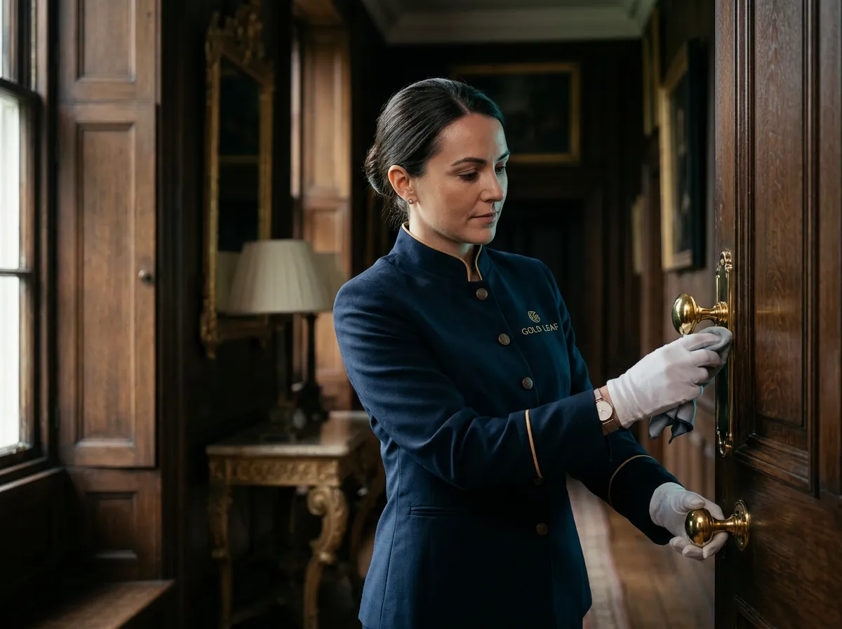 Impeccably uniformed estate cleaning specialist polishing fine architectural fixtures
