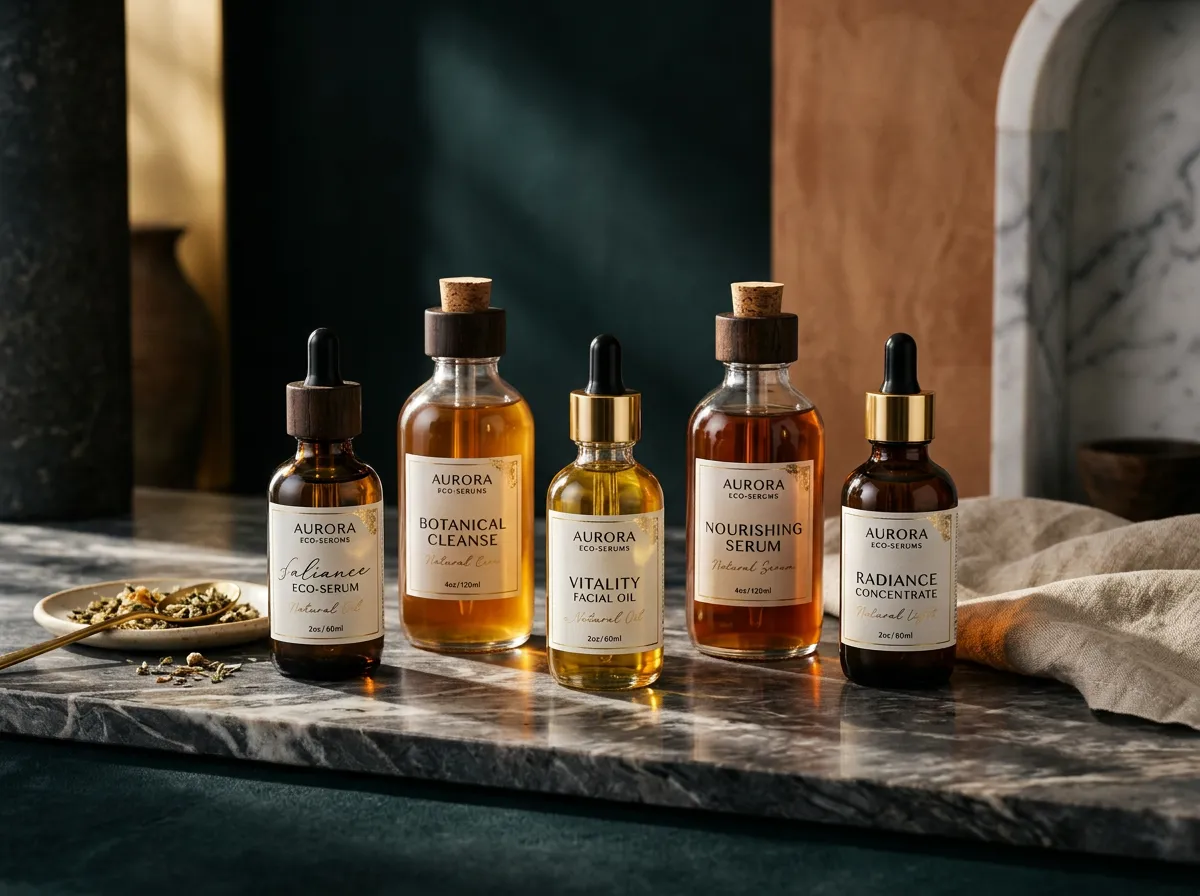 Glass dropper bottles containing curated botanical and eco-luxury cleaning serums on a marble surface