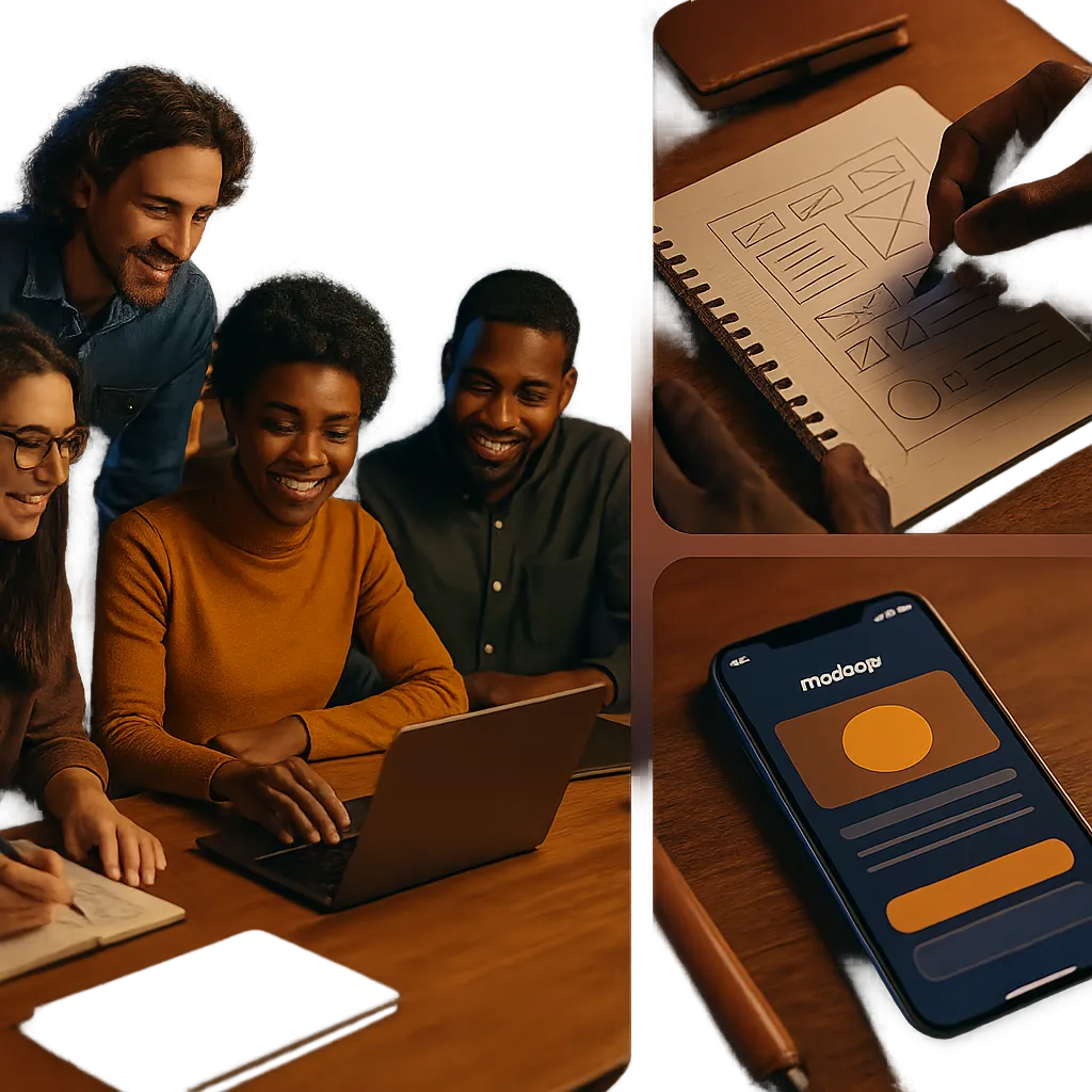 Composite image of the founding team working on site designs