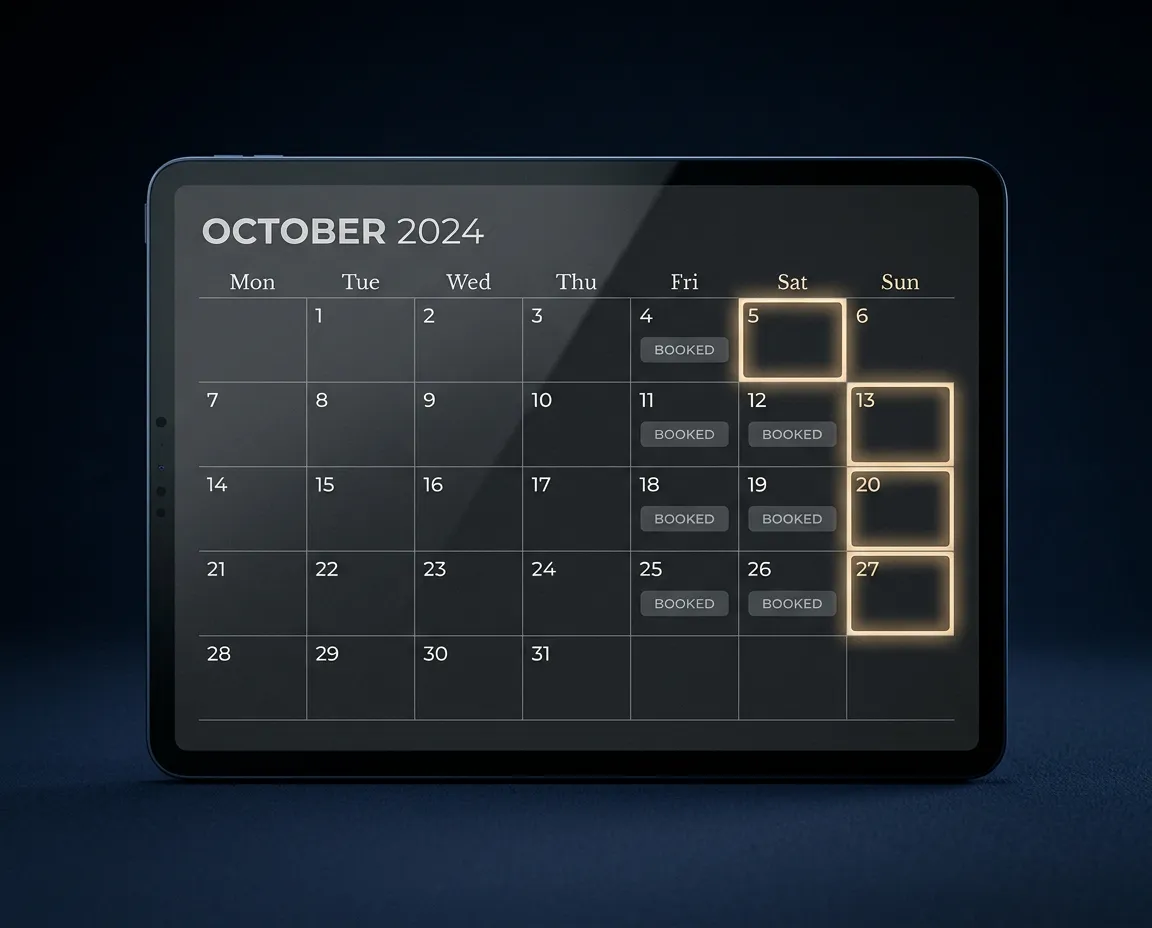 Venue booking calendar interface showing booked blocks and highlighted empty prime weekend dates