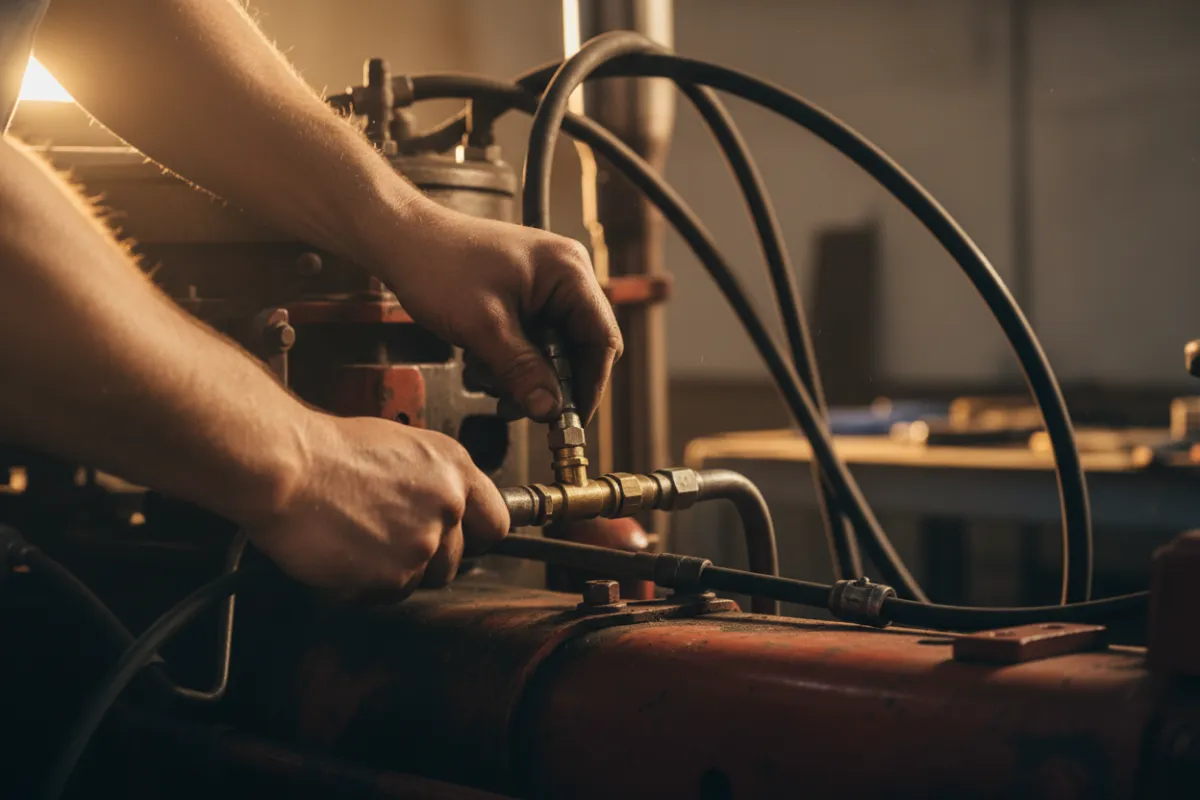 Monteur die werkt aan de hydraulische aansluiting van een tractor in de werkplaats.