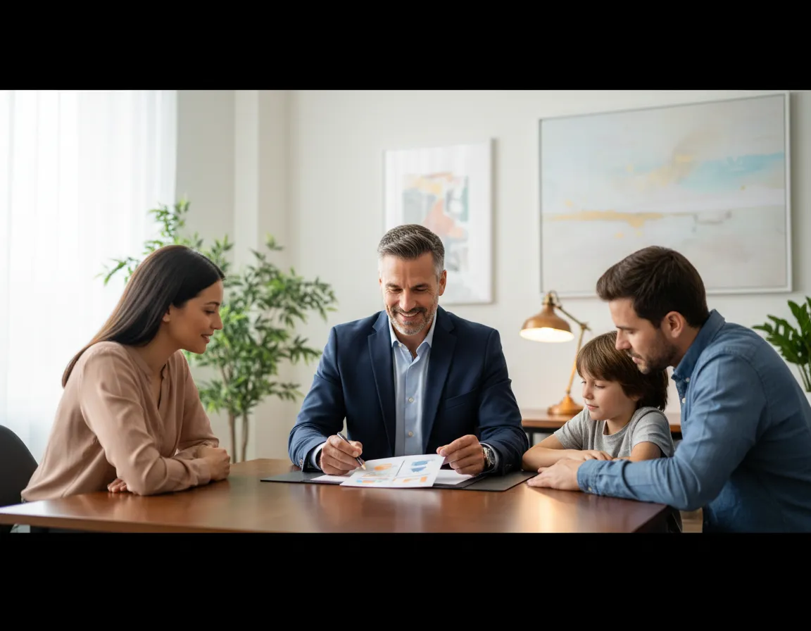 Local insurance agent explaining a policy simply to a family
