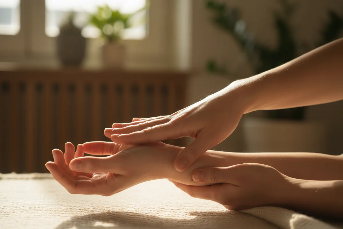 Close-up photograph of hands performing gentle fascia self-massage on a forearm in warm natural light, shallow depth of field, emphasizing touch, texture and mindful technique; photorealistic, calm palette, indoor wellness setting.