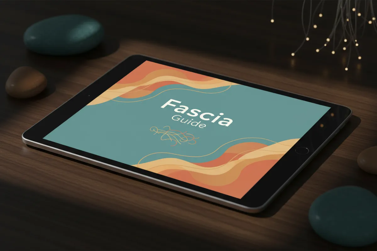 Ebook cover mockup shown on a tablet screen titled 'Fascia Guide'