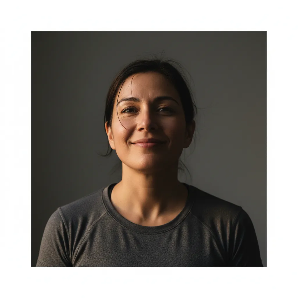 Portrait of Anna, a smiling female participant in her 30s, after practice