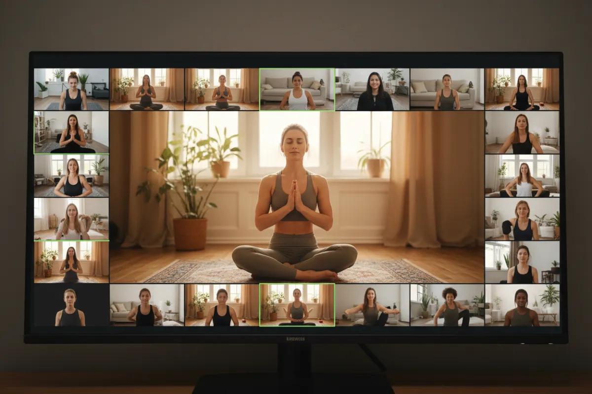 A live online class screenshot showing an instructor guiding participants via video grid, warm and inclusive atmosphere, clear visuals of movement and breath practice; photorealistic, high resolution, energetic yet calm mood.