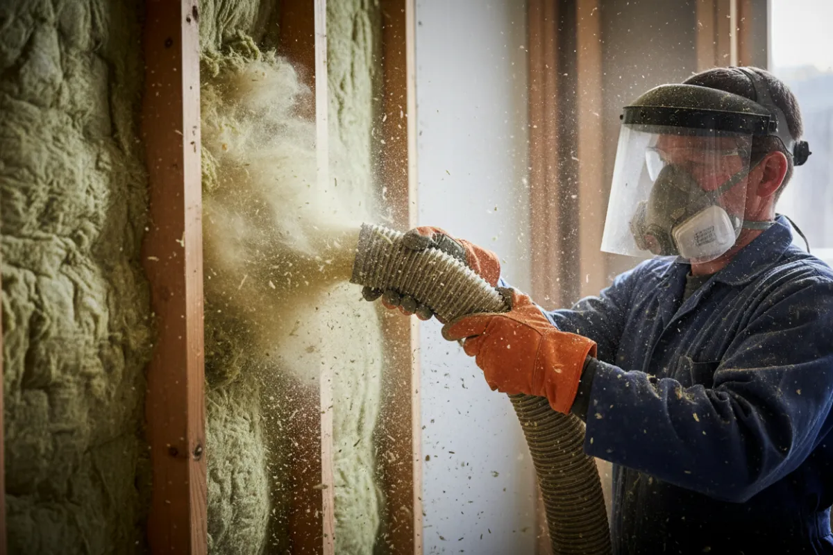 Close-up of cellulose insulation being blown into a wall cavity, technician's gloved hands guiding the hose, fine fibers swirling in the air, with a clear focus on eco-friendly materials and safety gear, 3:2 aspect ratio.