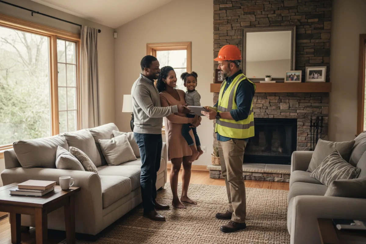 Minority family conversing with a contractor wearing a hardhat inside a cozy living room, smiling and engaged.
