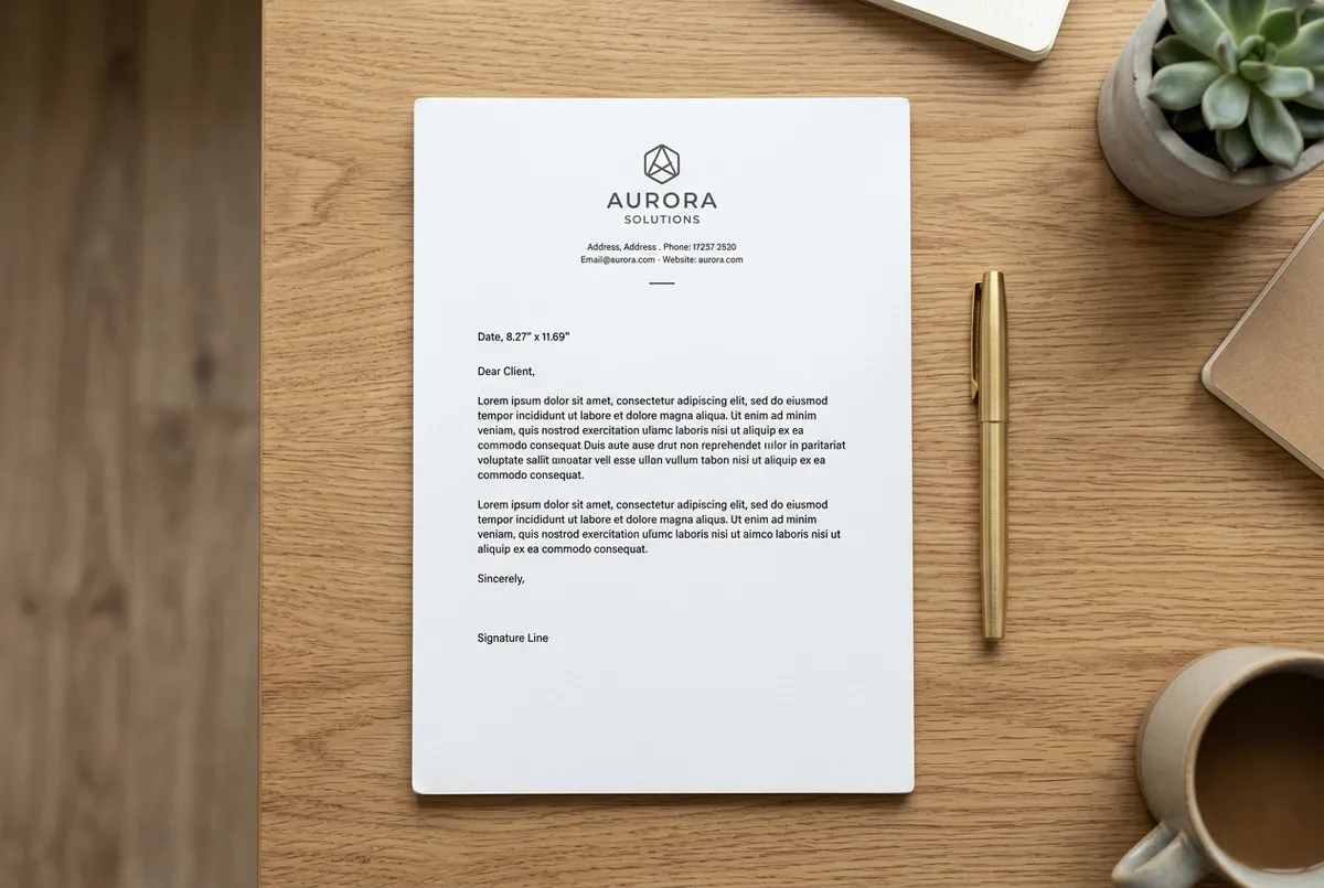 White letterhead mockup with logo lying on flat surface next to gold pen
