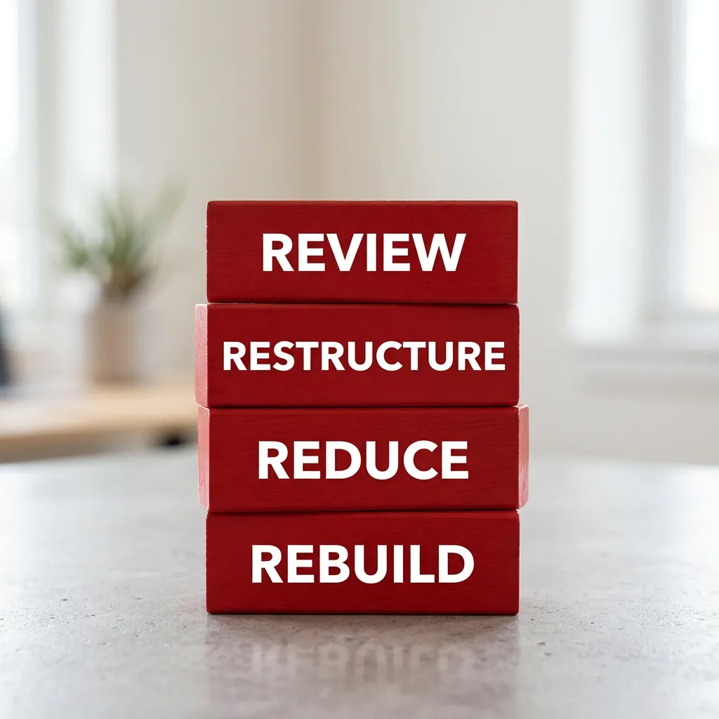 Four red stacked blocks with the words 'REVIEW', 'RESTRUCTURE', 'REDUCE', 'REBUILD' in white text.