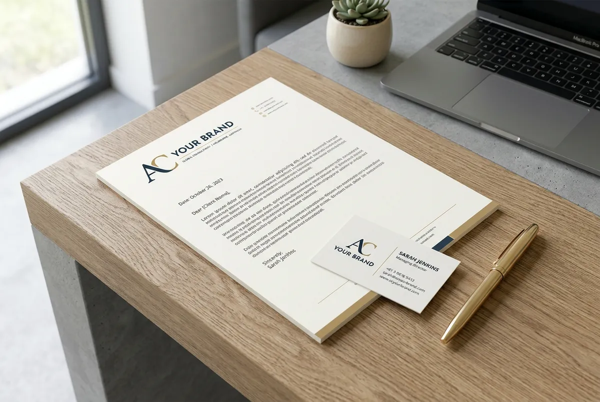 Letterhead mockup angled on surface next to business card and gold pen