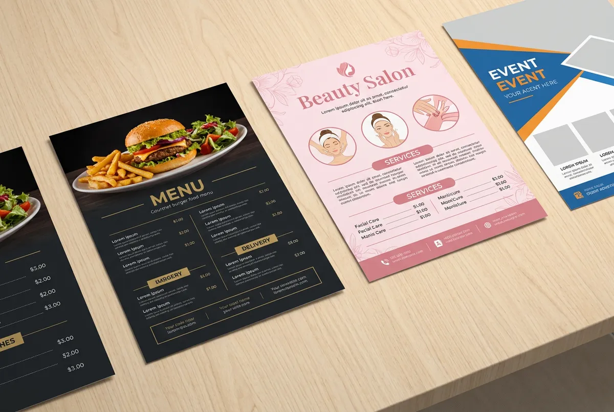 Mockup of various flyer designs including food menu and beauty flyer