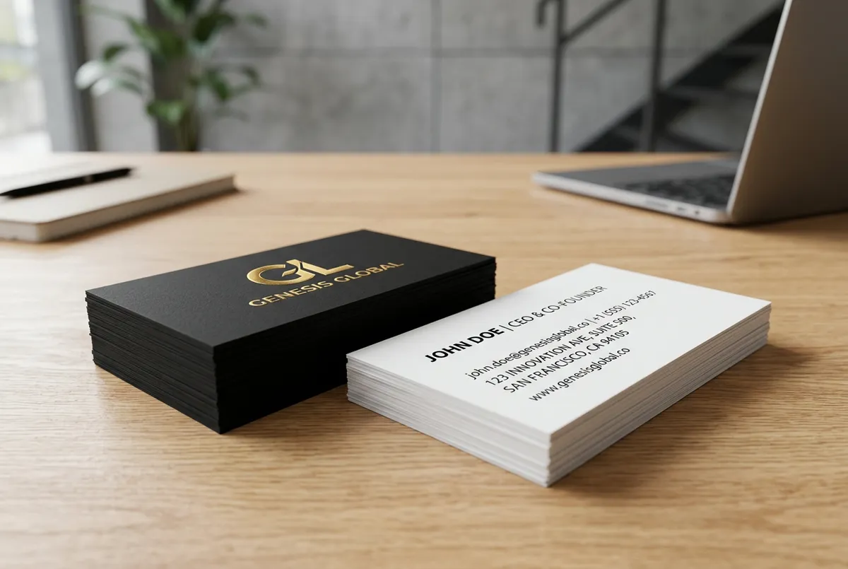 Stack of business cards showing black front with gold logo and white back