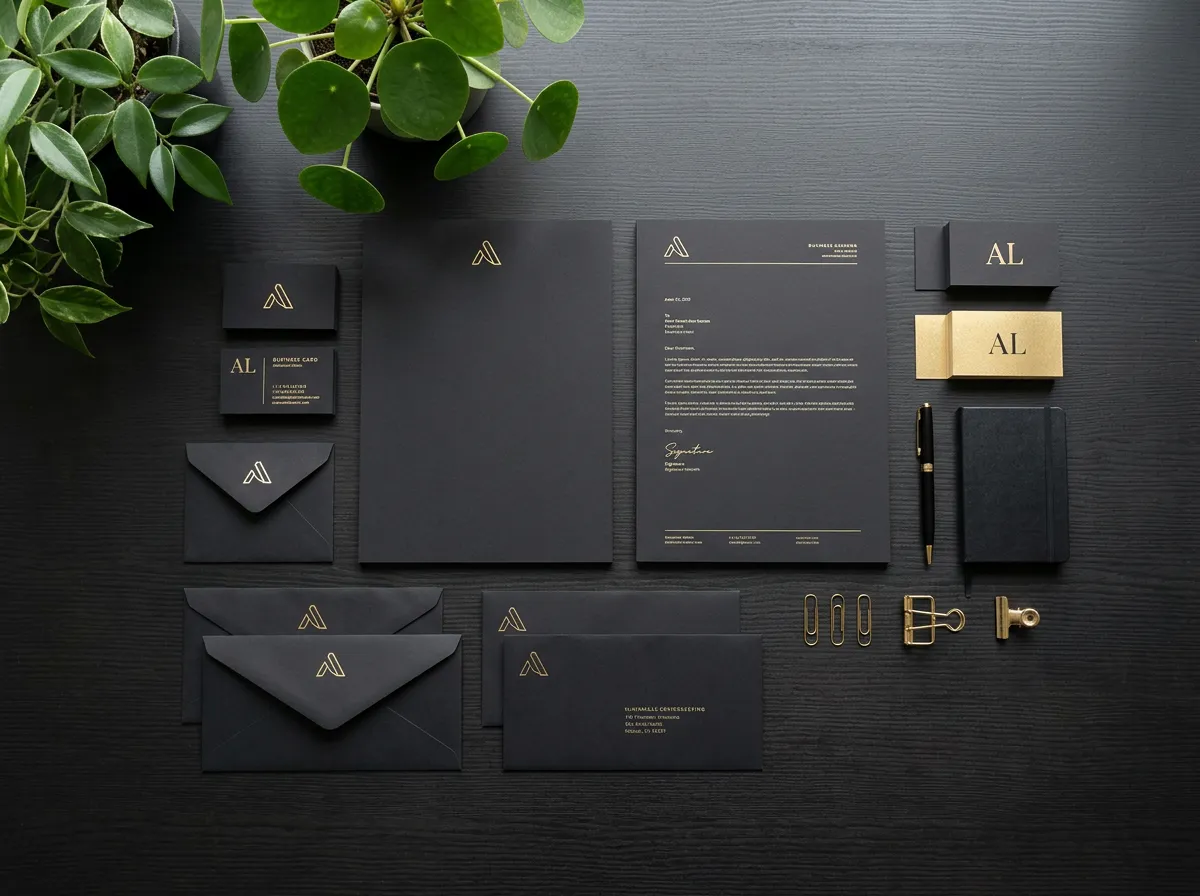 Overhead view of various branding mockups including black and gold business cards, letterheads, and envelopes spread on a dark desk with green plant leaves at the edge.