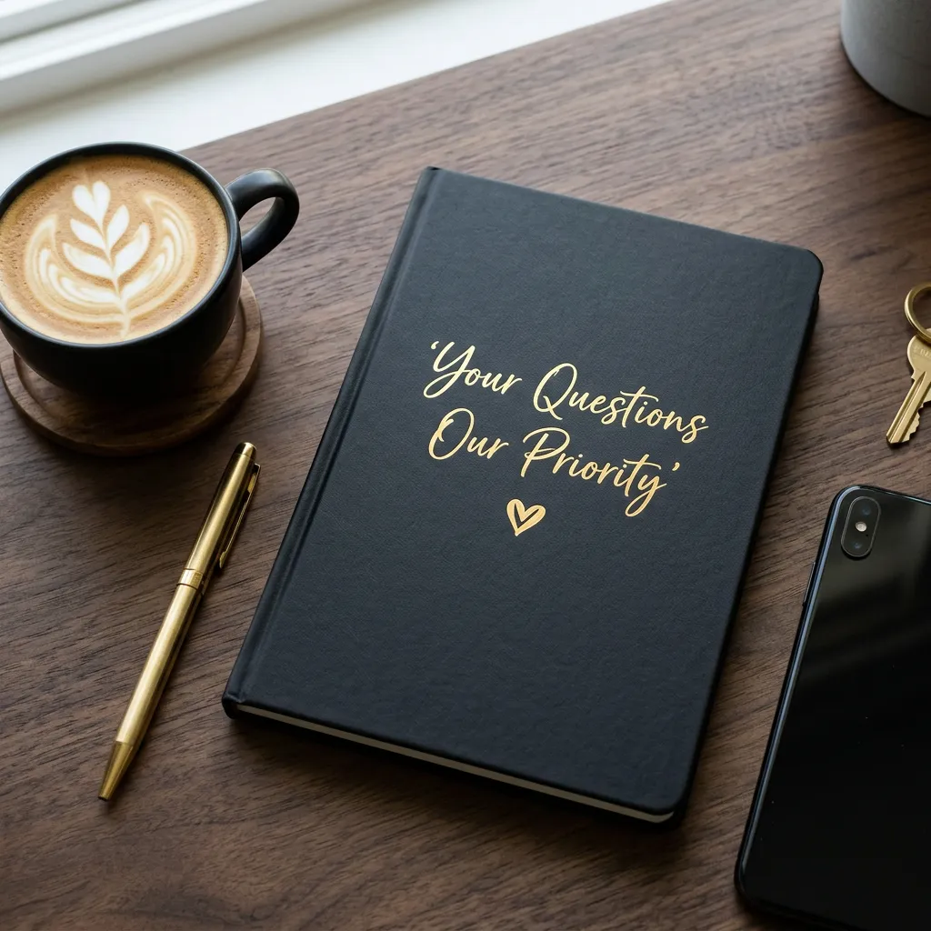 Top-down view of a dark desk surface with black notebook 'Your Questions Our Priority', coffee cup with latte art, and gold pen