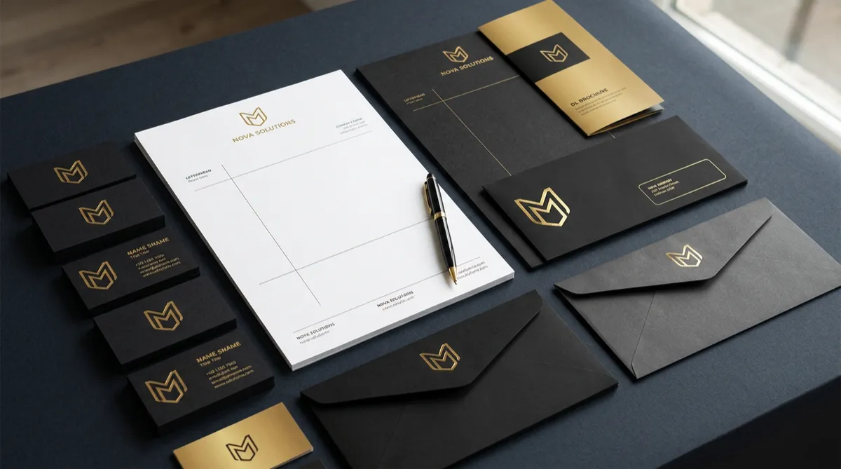 Collection of black and gold branded stationery items including business cards, letterheads, and envelopes