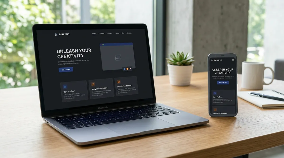 Laptop and smartphone displaying a modern, dark-themed website layout