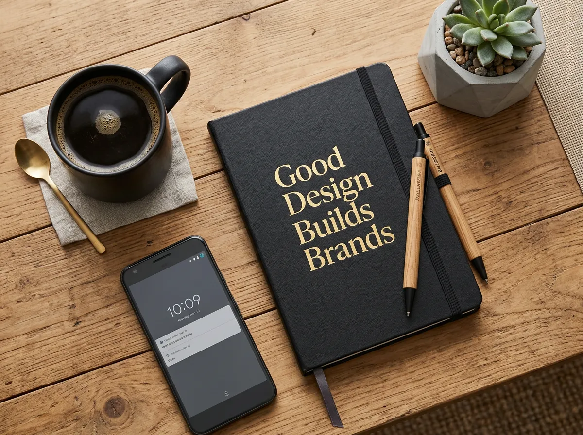 Overhead lifestyle photograph of a black notebook with gold foil lettering reading 'Good Design Builds Brands', placed next to a cup of dark coffee, a smartphone, and a small potted plant on a wooden desk.