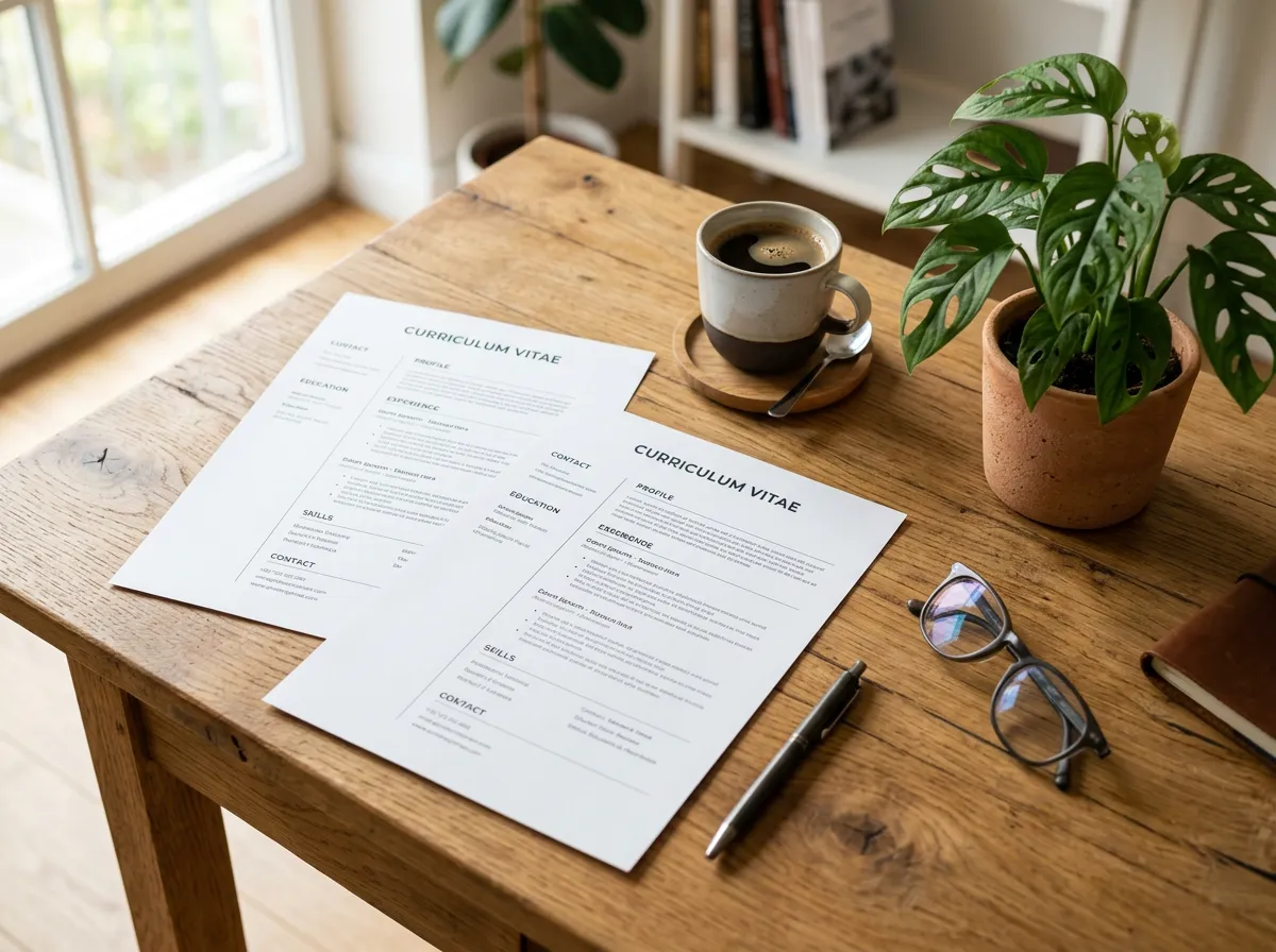 Printed copies of a clean, modern 'Curriculum Vitae' document spread on a wooden desk alongside a cup of coffee and plant leaves.