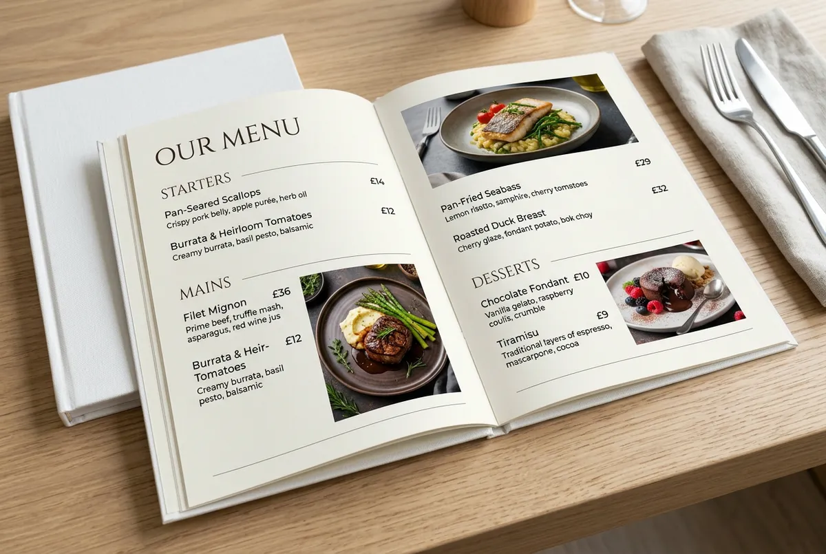 Open restaurant menu mockup showing Starters, Mains, and Desserts with food photos